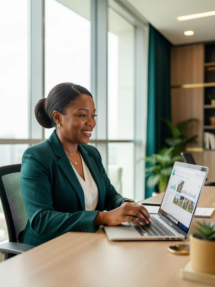 A Lagos property CEO reviewing her sales dashboard